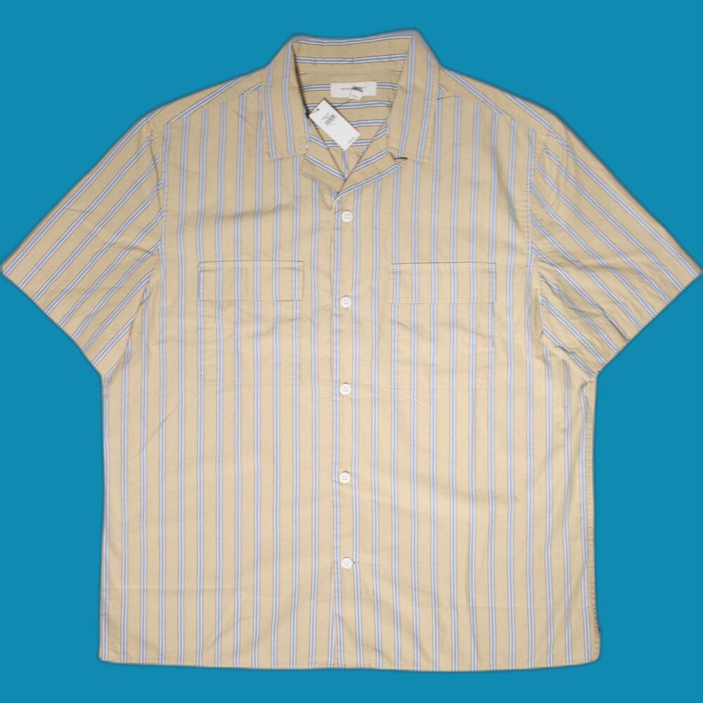 NWT $70 Banana Republic Light Beige Blue Stripe Button Up Camp Shirt Men Size L